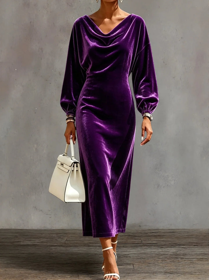Purple velvet midi dress with draped cowl neckline and balloon sleeves, front view