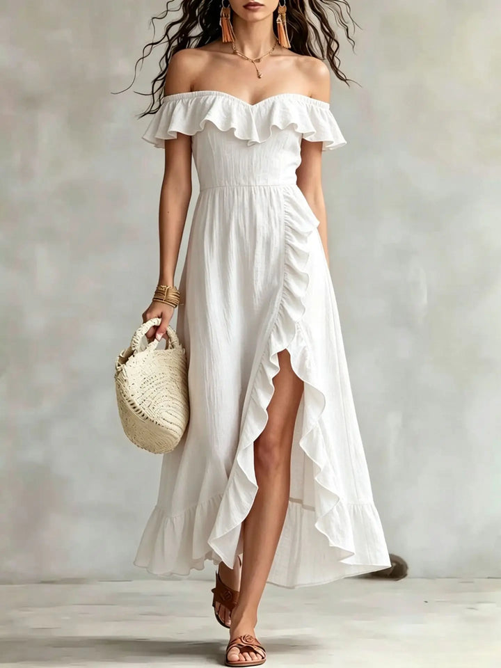Isabella Off Shoulder Split Hem Maxi Dress