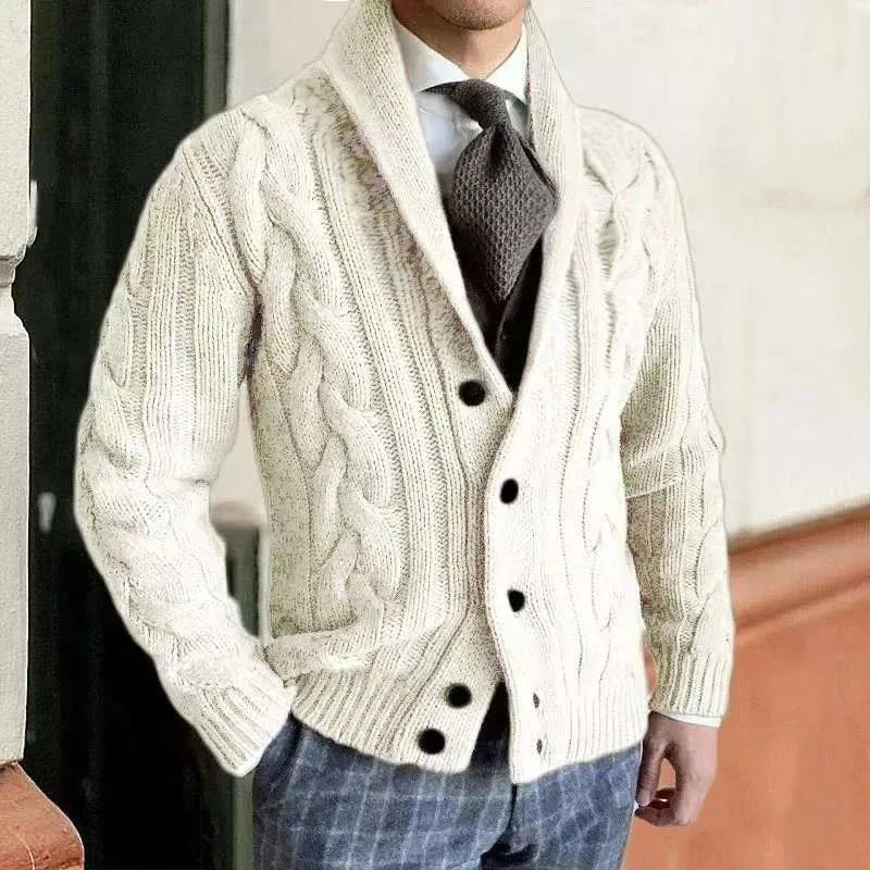 Man wearing ivory white cable knit shawl collar cardigan
