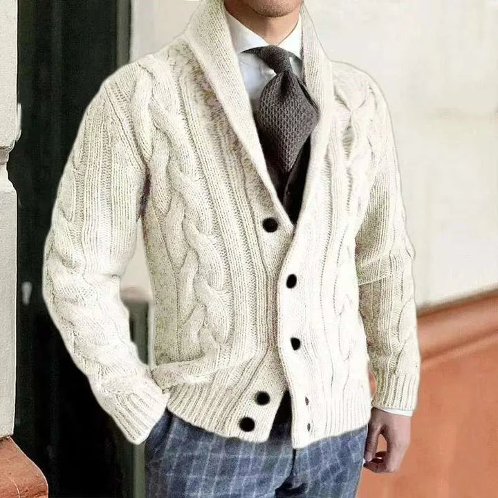 Man wearing ivory white cable knit shawl collar cardigan
