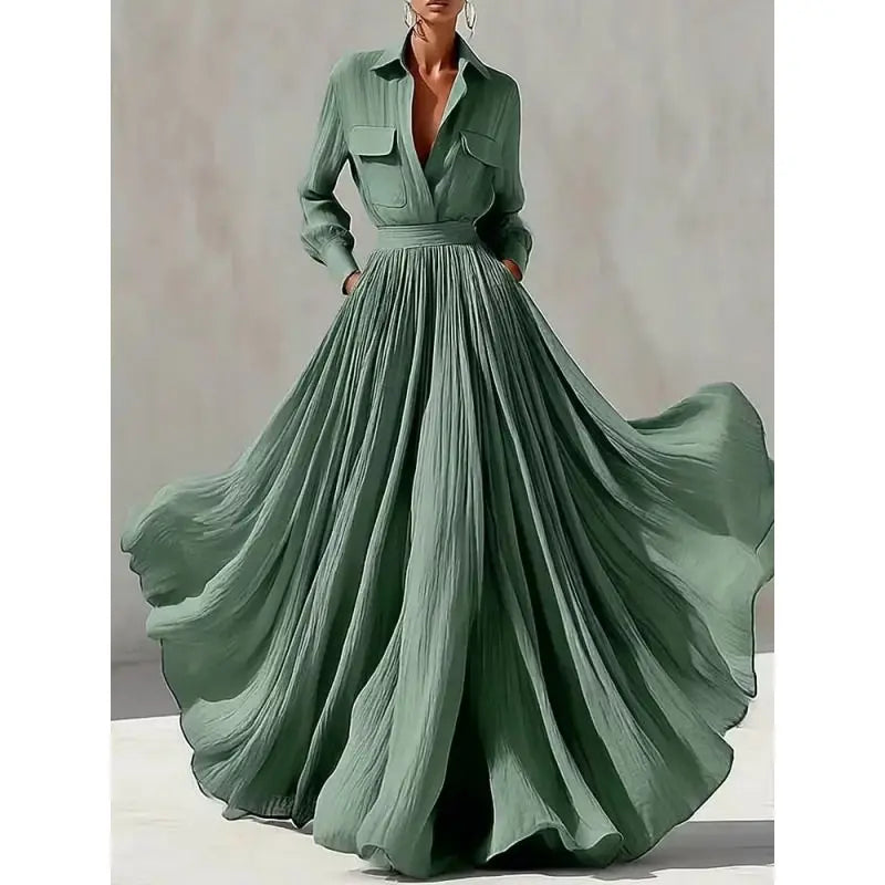 Green crinkled maxi shirt dress with pleated A-line skirt, front view
