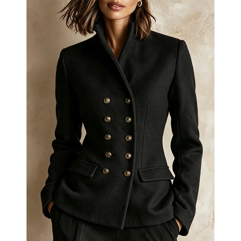Woman wearing black double-breasted wool-blend jacket, front view