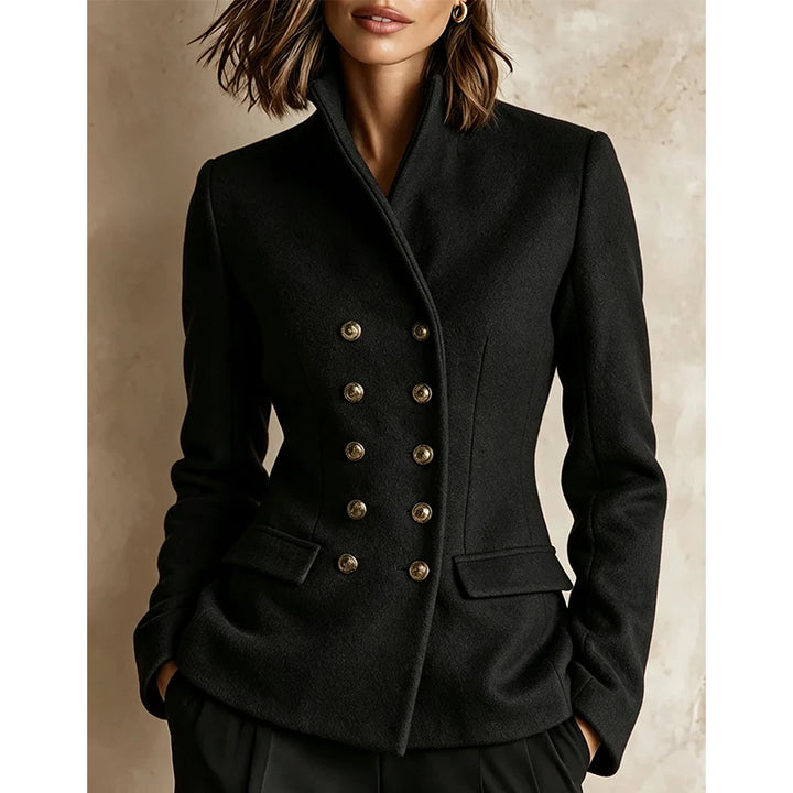 Woman wearing black double-breasted wool-blend jacket, front view