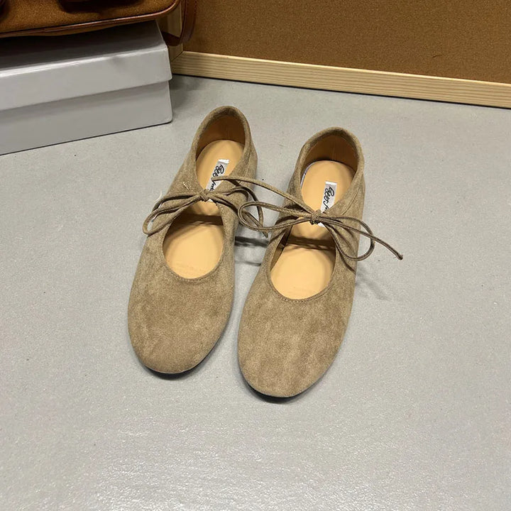 Apricot suede-look ballet flats with lace-up detail, top view