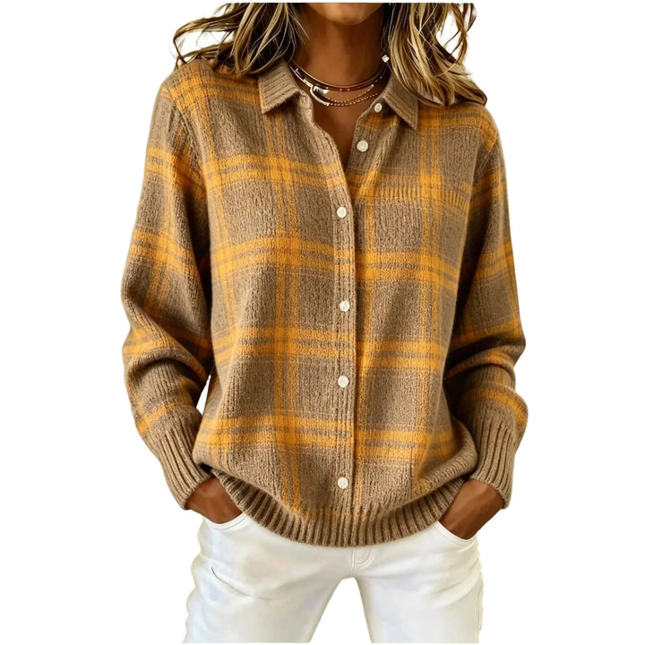 Woman wearing yellow and khaki plaid knit button front cardigan