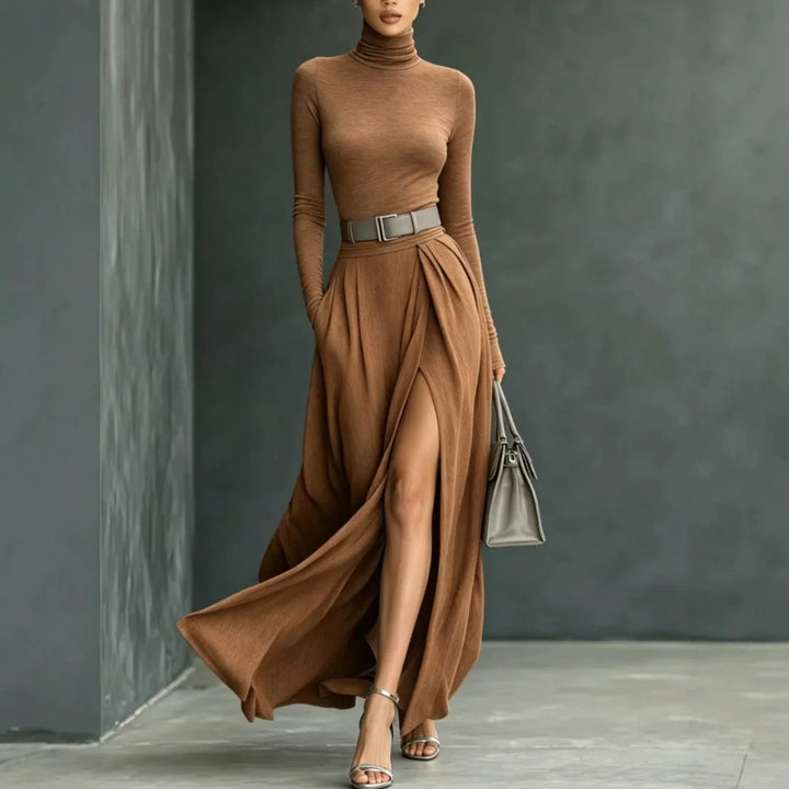 Woman wearing coffee brown turtleneck sweater dress with high slit