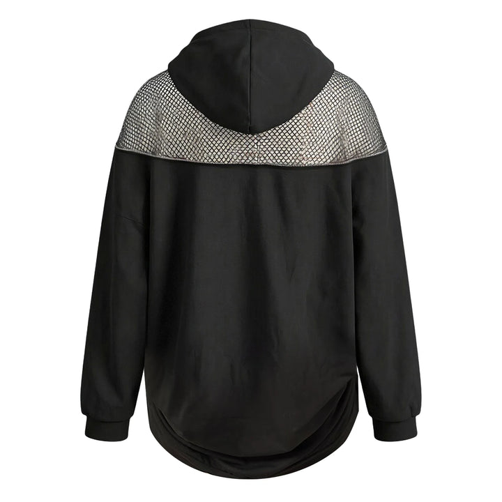 Black cropped hoodie with fishnet shoulder panel, flat back view