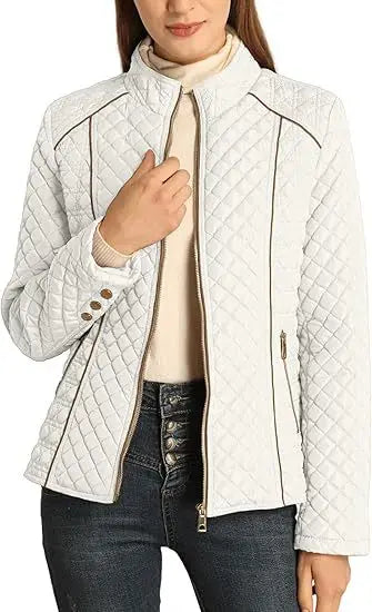 Woman wearing white quilted puffer jacket