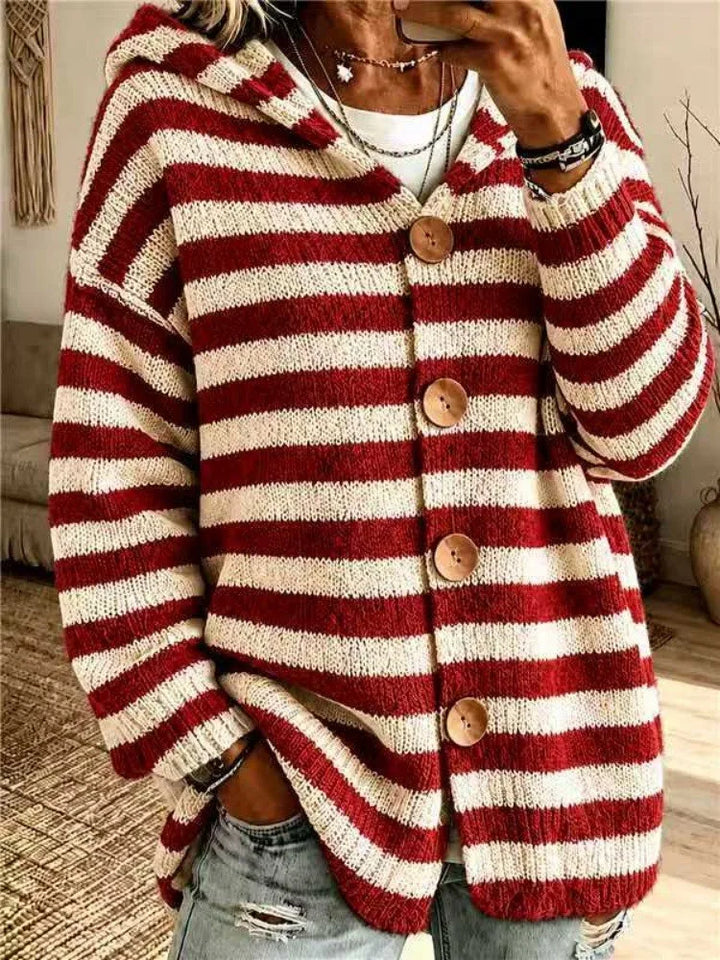 Red and white striped hooded cardigan with wooden buttons, front view