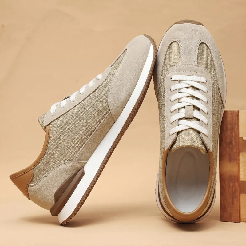 Khaki sneakers shown from top and side angle