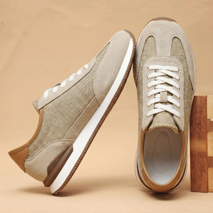 Khaki sneakers shown from top and side angle