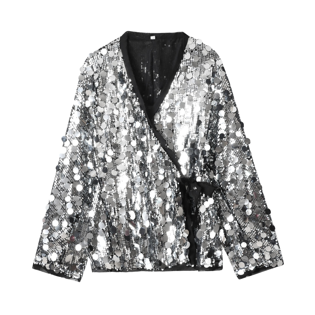 Silver sequin kimono jacket with black trim
