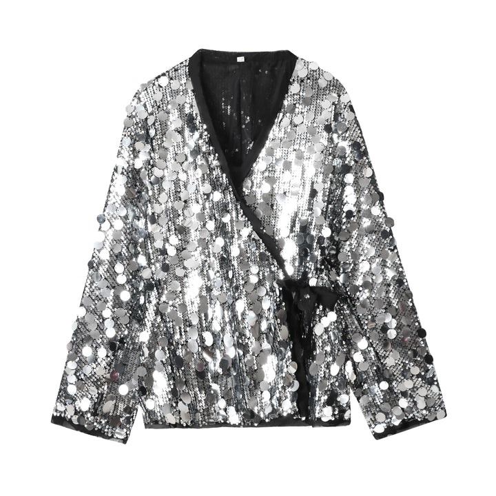 Silver sequin kimono jacket with black trim