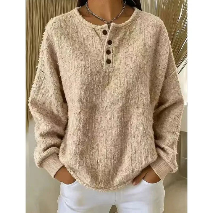 Khaki textured button henley sweater front view