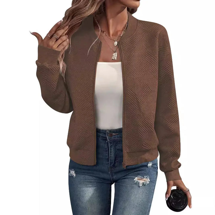 Brown textured knit zip up bomber jacket