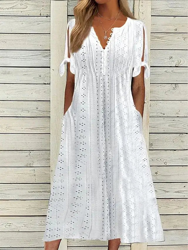 Madeleine V Neck Eyelet Midi Dress