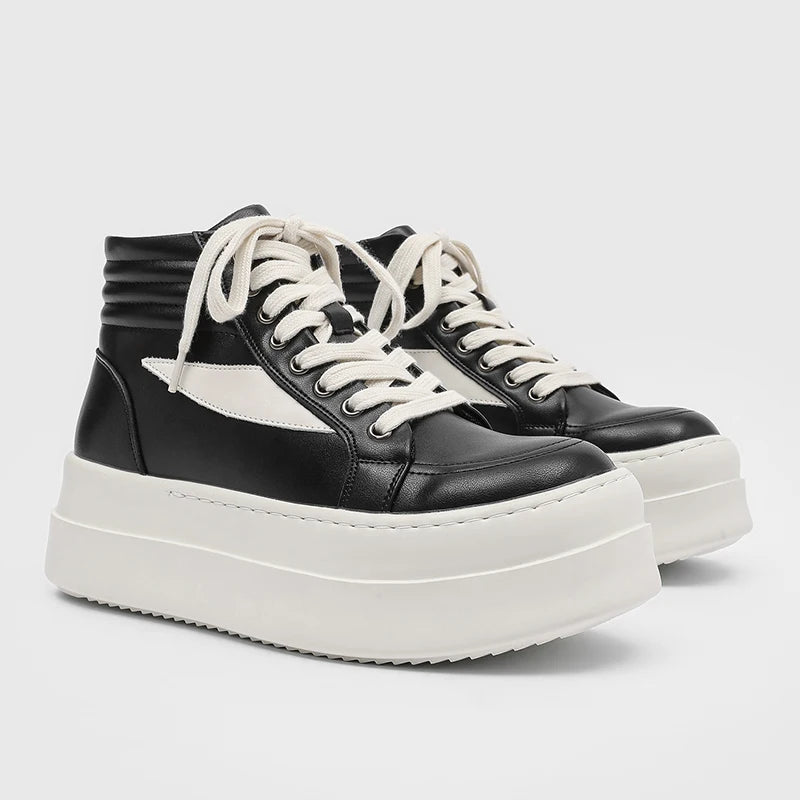 Black and white high top platform sneakers, front angled view
