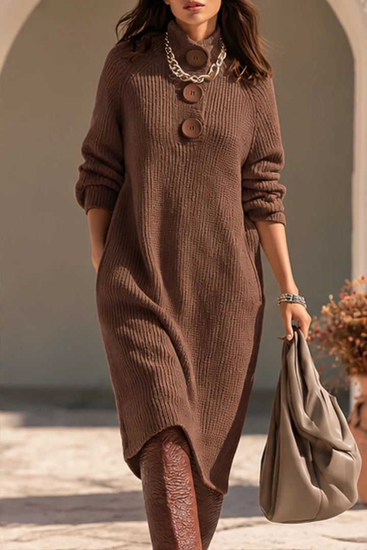 Woman wearing coffee brown ribbed knit sweater dress with high funnel neck and button detail
