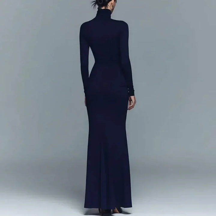 Navy blue turtleneck maxi dress, back view