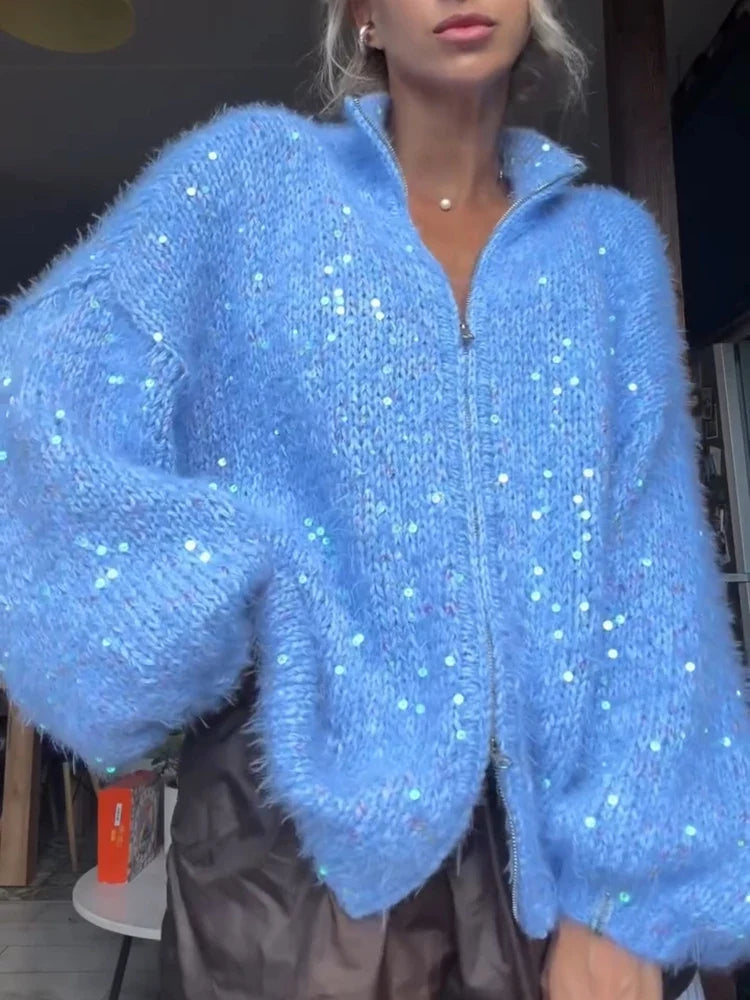 Solenne Sequin Zip Cardigan