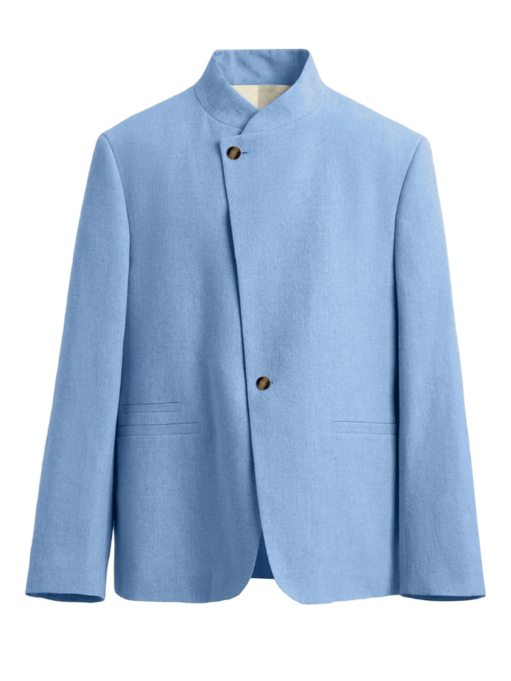 Sky blue mandarin collar blazer flat lay with asymmetric button front