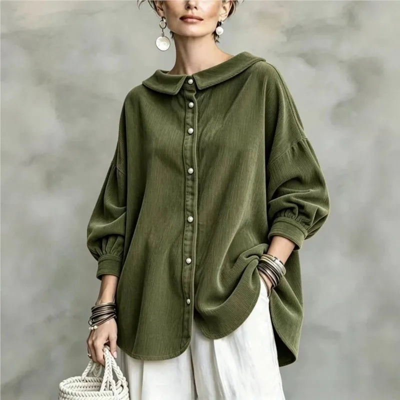 Army green blouse with turn down collar and balloon sleeves, front view
