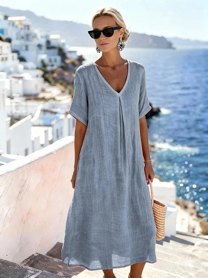 Aurette Relaxed V Neck Summer Midi Dress
