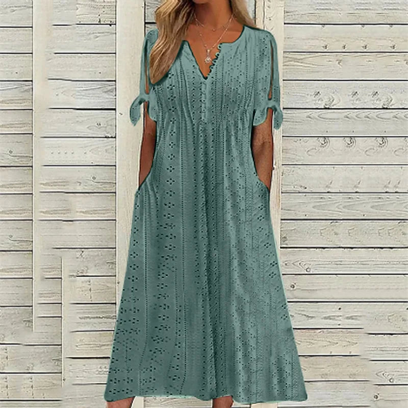 Madeleine V Neck Eyelet Midi Dress