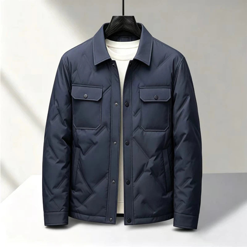 Navy blue quilted puffer jacket with turn-down collar, front view