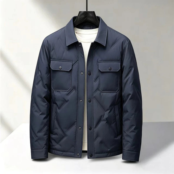 Navy blue quilted puffer jacket with turn-down collar, front view