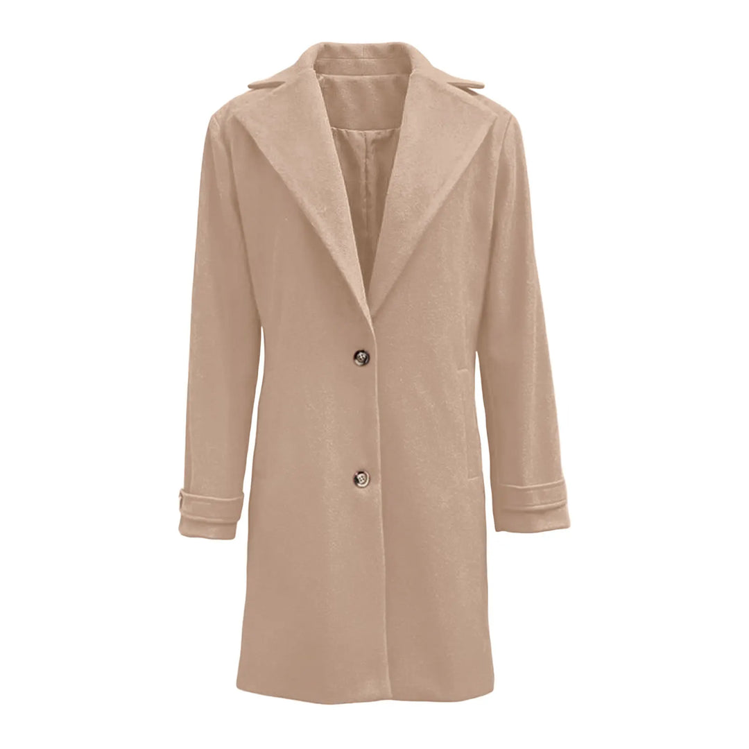 Flat lay of khaki wool coat with notched lapel and buttons