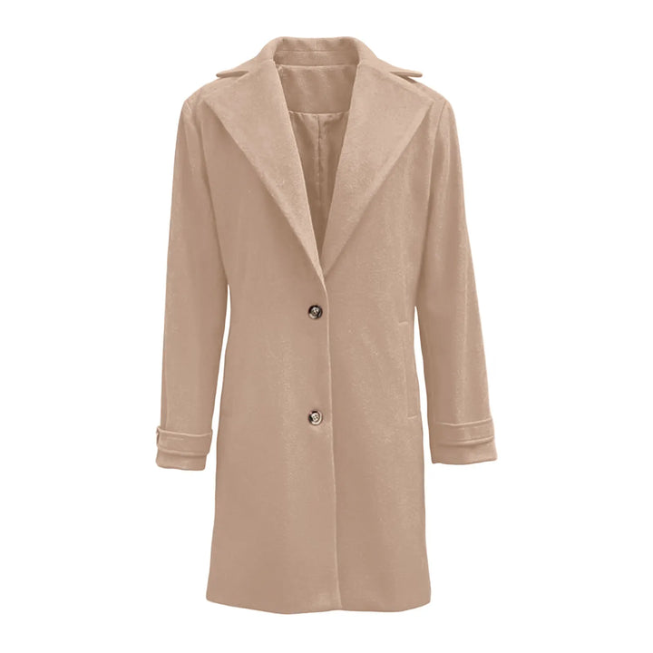 Flat lay of khaki wool coat with notched lapel and buttons