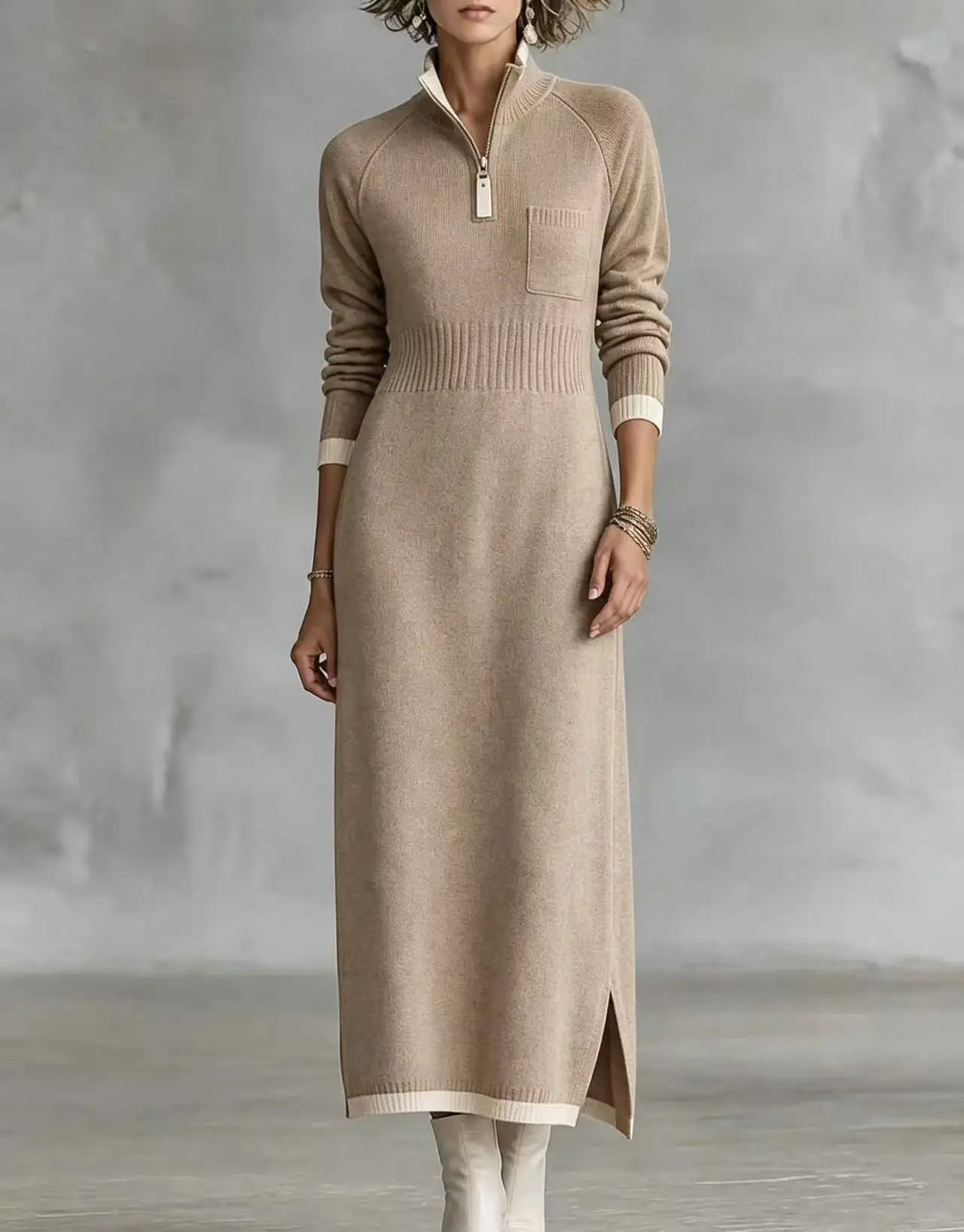 Khaki quarter-zip sweater dress with chest pocket, front view