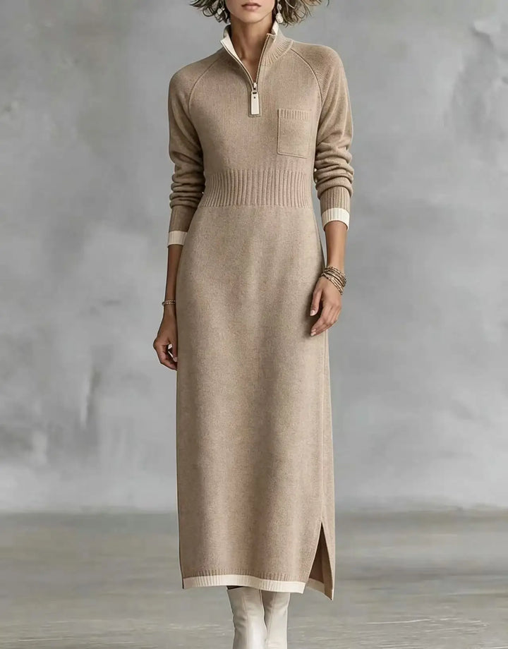 Khaki quarter-zip sweater dress with chest pocket, front view