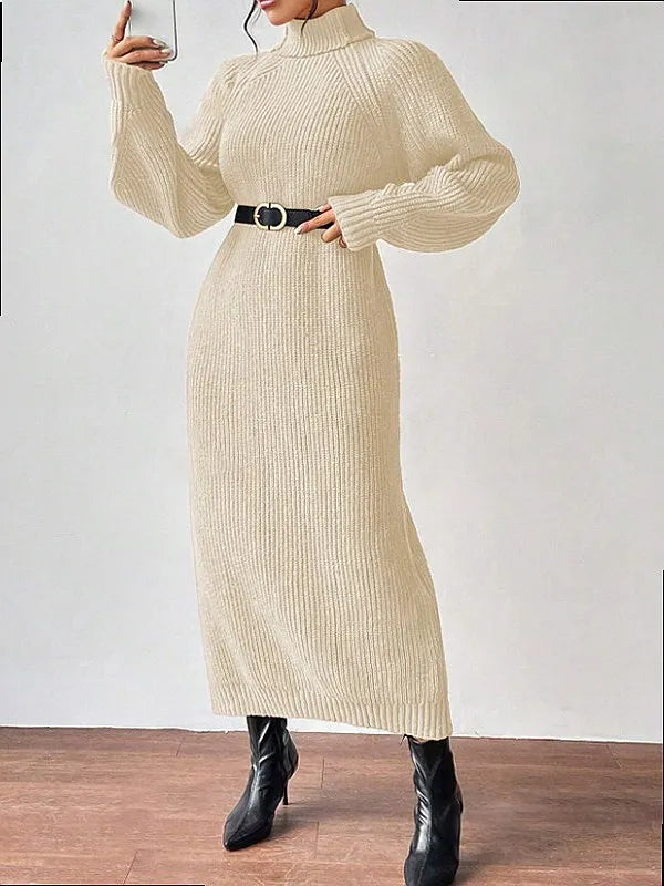 Apricot ribbed knit sweater dress styled with a belt