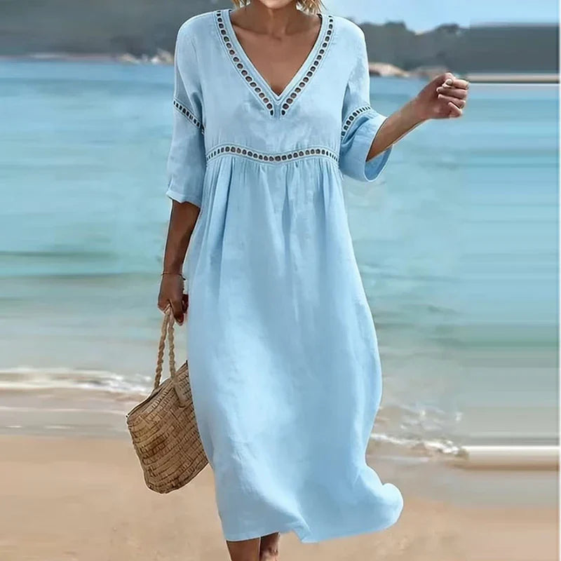 Oakley Hollow Trim V-Neck Midi Dress