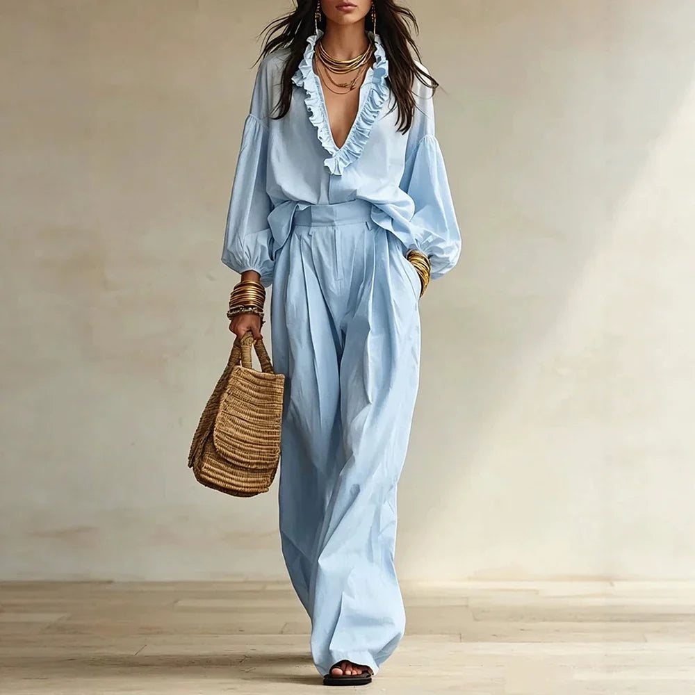 Zarelle Elegant Ruffle Trouser Set