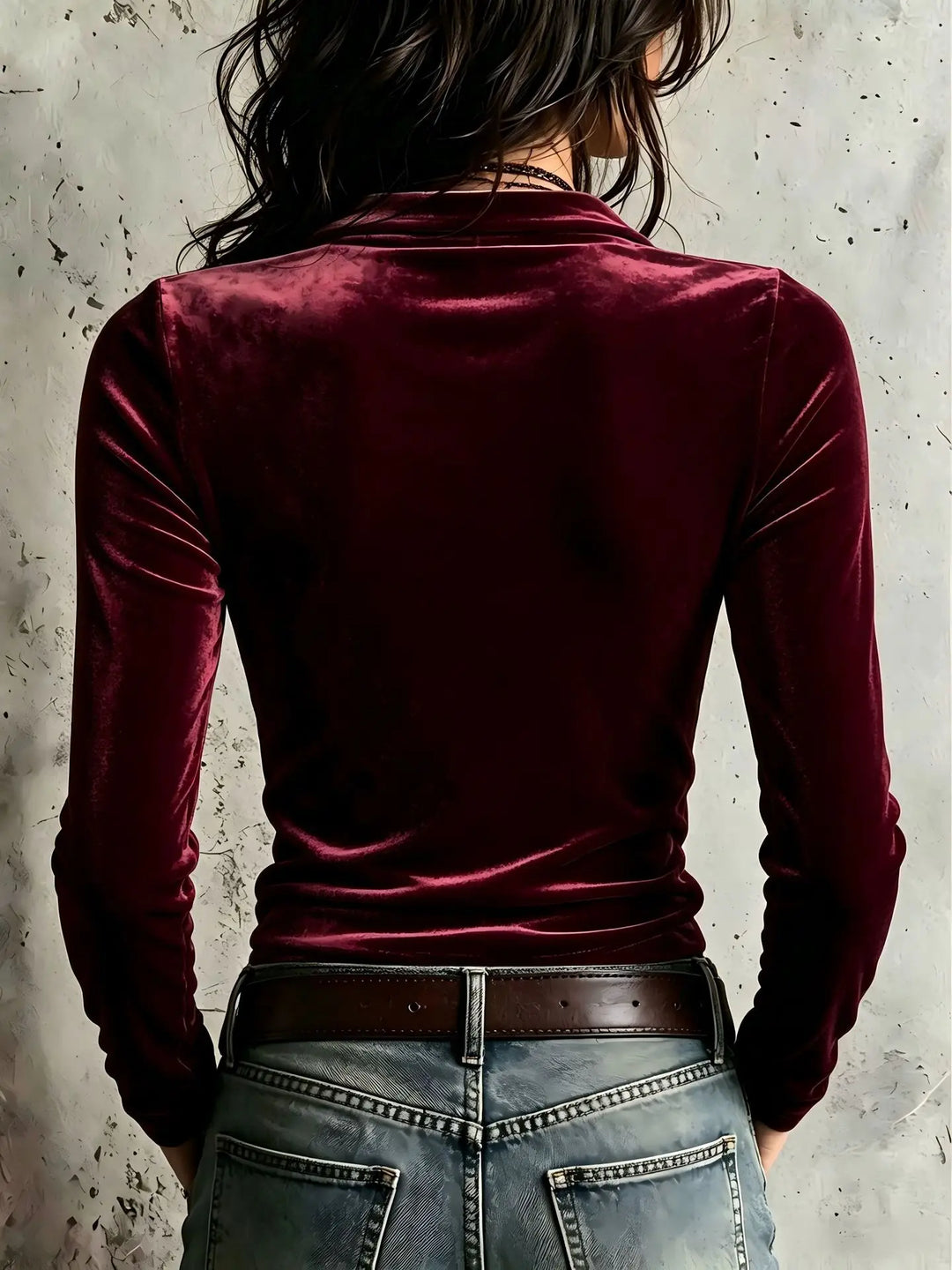 Back view of wine red velvet half zip top