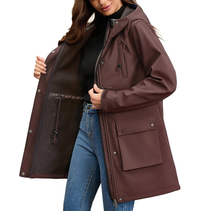 Coffee brown rain jacket open showing fleece lining and pocket