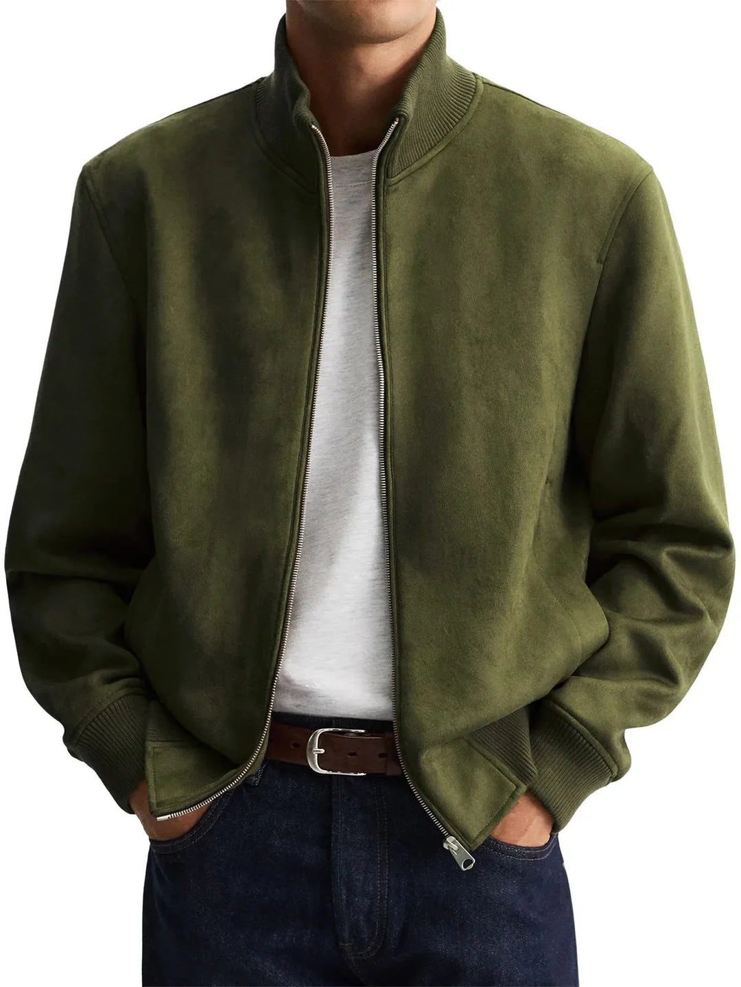 Man wearing army green suede-look bomber jacket with ribbed trim