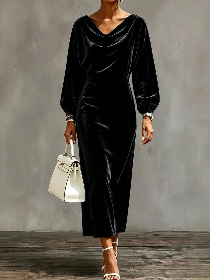 Black velvet midi dress with draped cowl neckline and balloon sleeves, front view