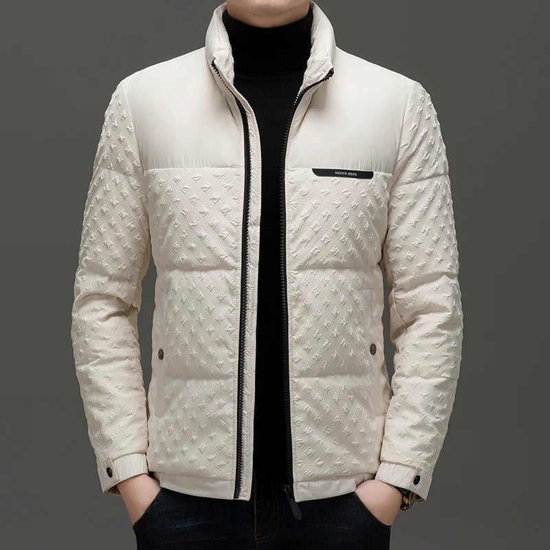 Man wearing white quilted puffer jacket with stand-up collar, front view