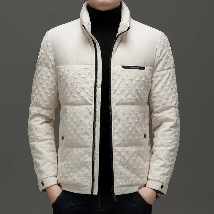 Man wearing white quilted puffer jacket with stand-up collar, front view