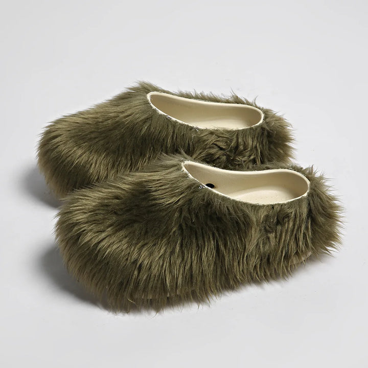 Olive green faux fur slipper mules, angled view