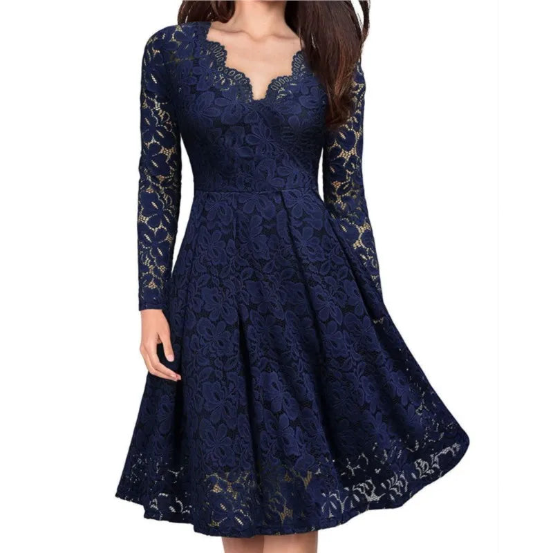 Navy blue lace A-line dress with long sleeves, front view