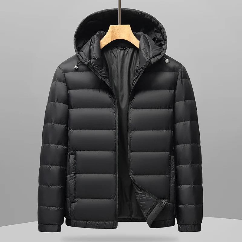 Black hooded puffer jacket, front view