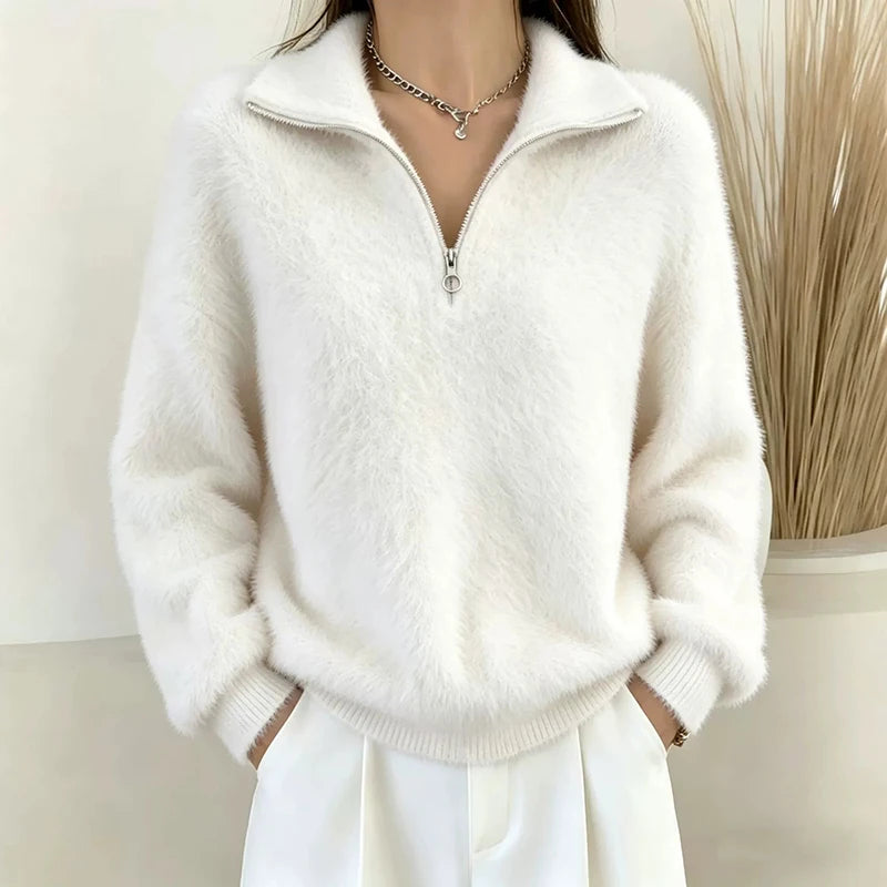 White brushed knit quarter-zip pullover with turn-down collar, front view
