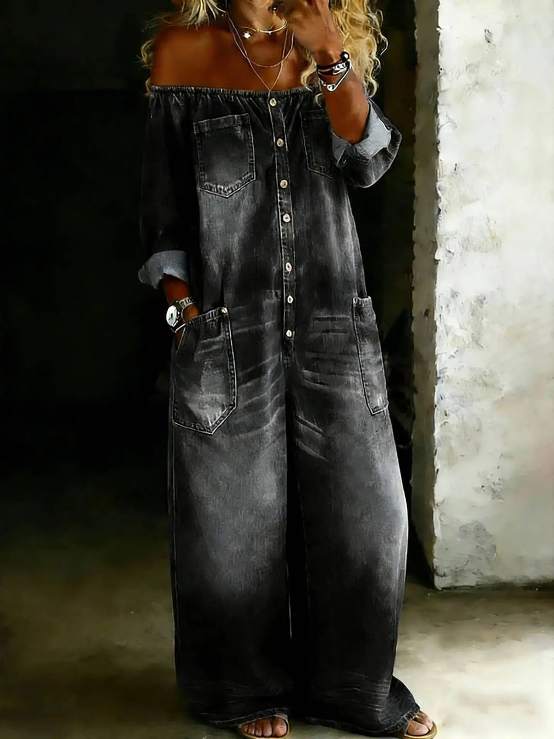 Elina Off Shoulder Denim Jumpsuit