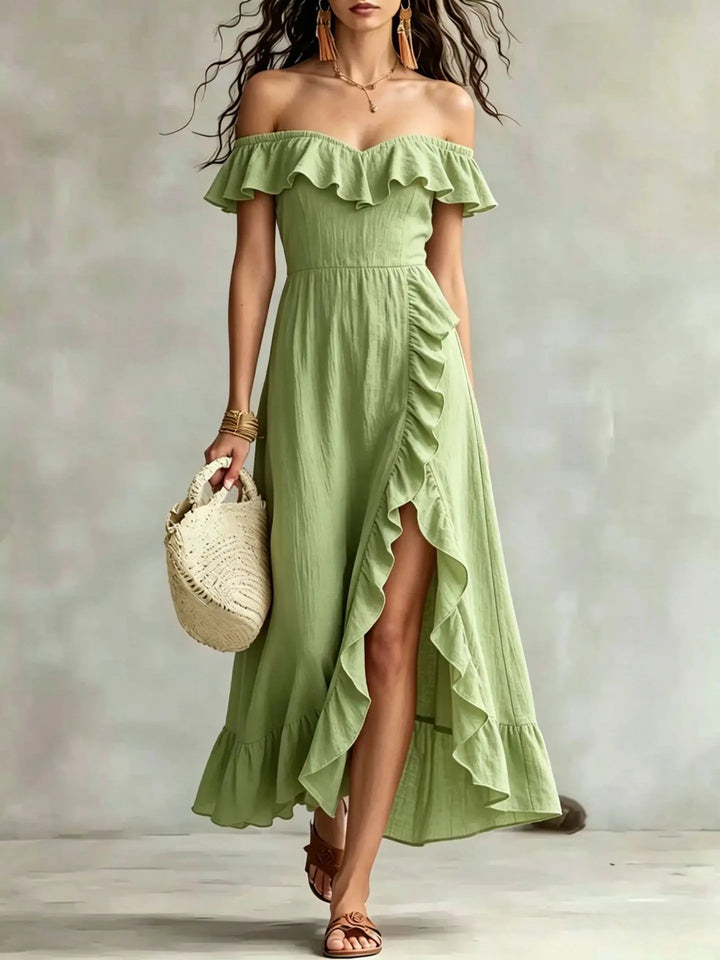 Isabella Off Shoulder Split Hem Maxi Dress