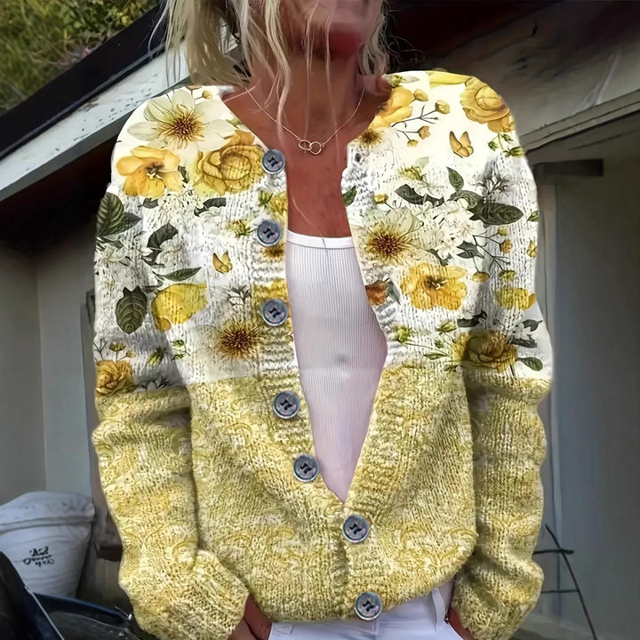 Yellow floral print button front cardigan